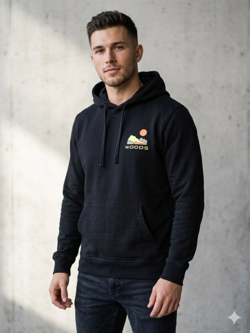 WOODS Men's small Black Hoodie Sunset Logo LARGE PRINT ON BACK sporting A0127